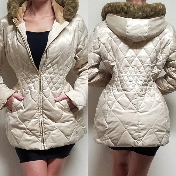 VINTAGE 90s Liz Claiborne Pearl Faux Fur Fleece Lined Hooded Down Parka Jacket L - Picture 1 of 16